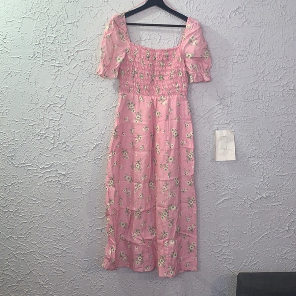 & Other Stories Floral Linen Dress Pink 6 Puff Sleeve Smock Peasant Romantic - Picture 13 of 17